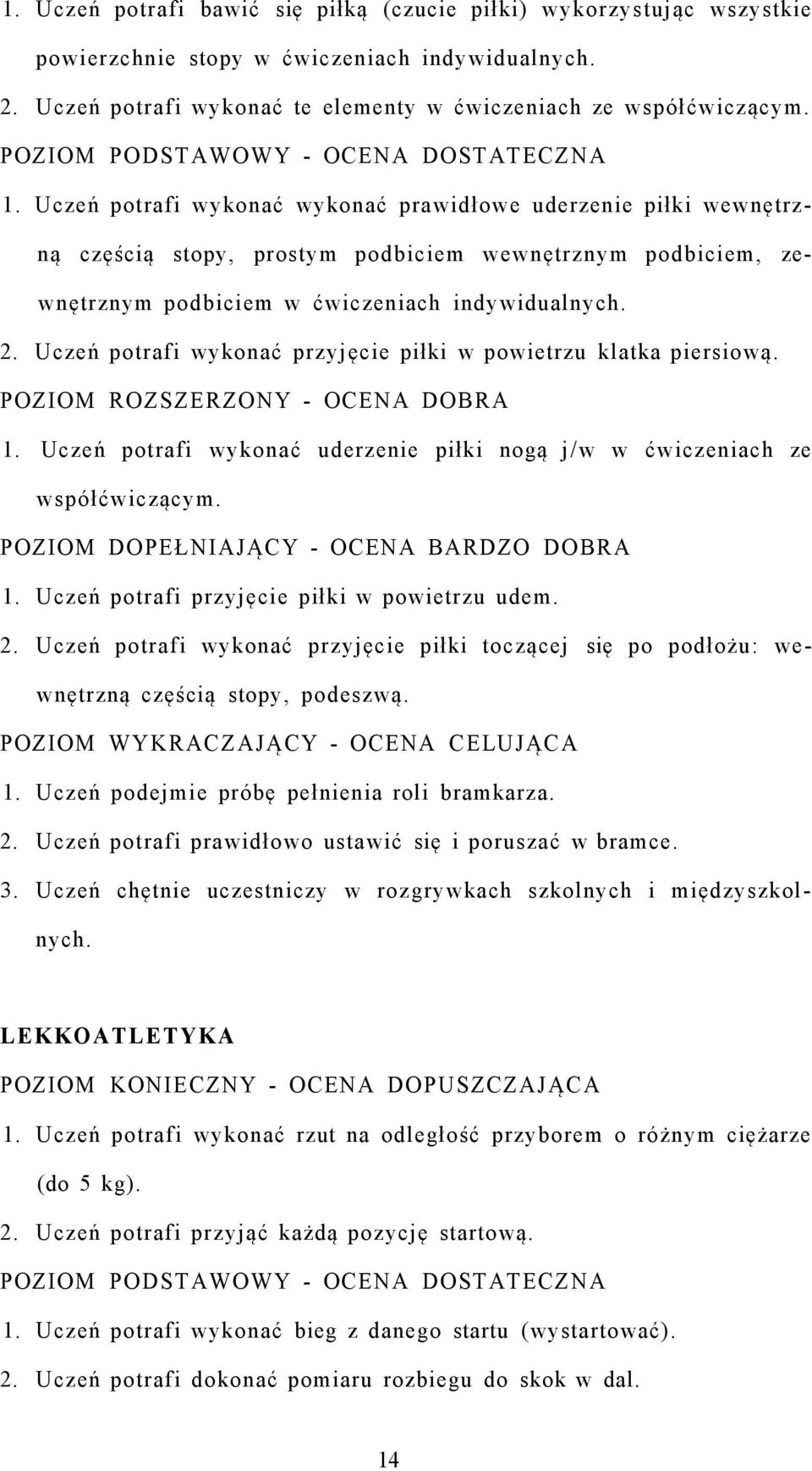 Uczeń potrafi wykonać przyjęcie piłki w powietrzu klatka piersiową. 1. Uczeń potrafi wykonać uderzenie piłki nogą j/w w ćwiczeniach ze współćwiczącym. POZIOM DOPEŁNIAJĄCY - OCENA BARDZO DOBRA 1.