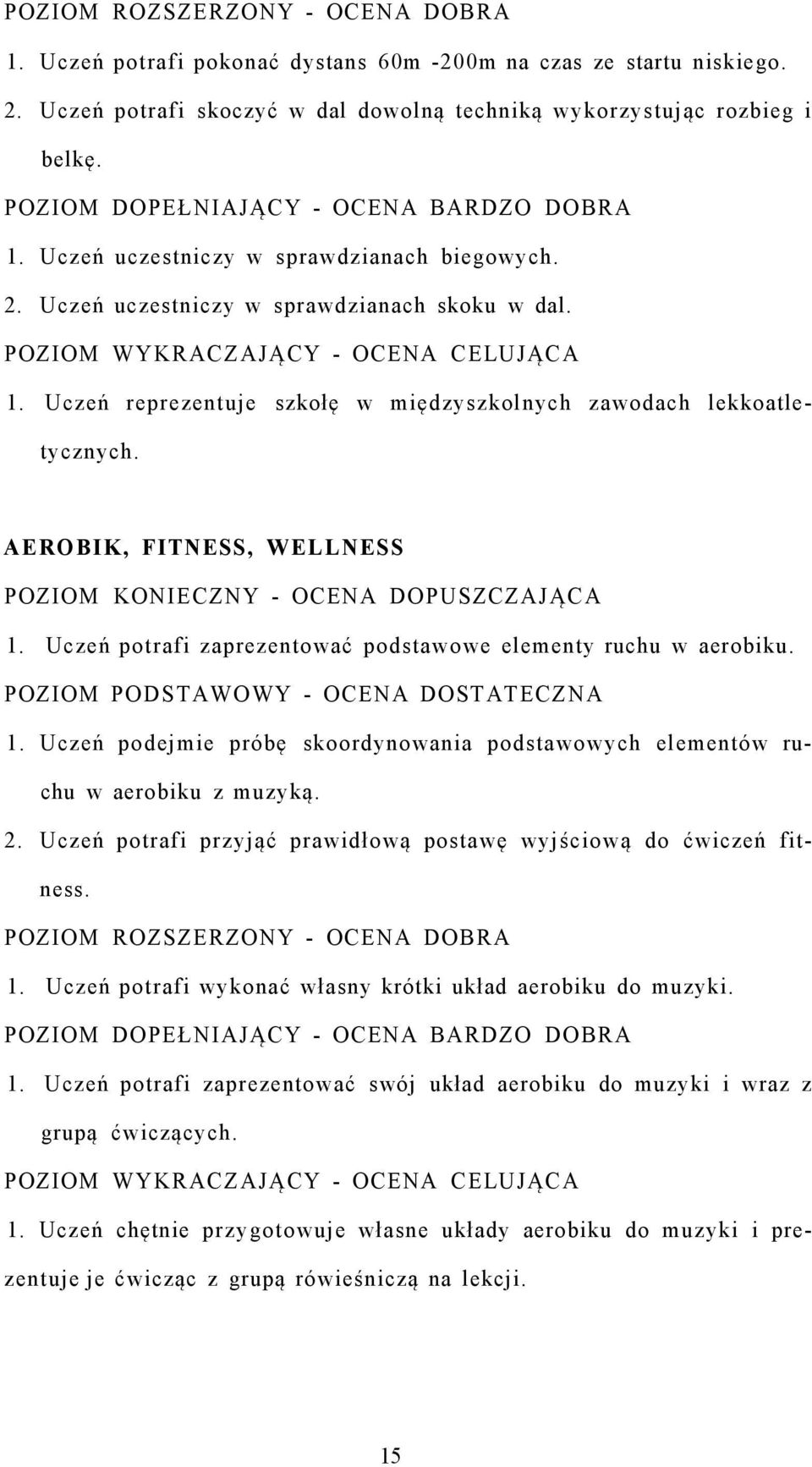 Uczeń potrafi zaprezentować podstawowe elementy ruchu w aerobiku. 1. Uczeń podejmie próbę skoordynowania podstawowych elementów ruchu w aerobiku z muzyką. 2.