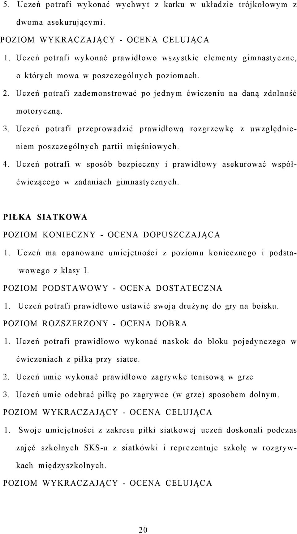 Uczeń potrafi w sposób bezpieczny i prawidłowy asekurować współćwiczącego w zadaniach gimnastycznych. PIŁKA SIATKOWA 1. Uczeń ma opanowane umiejętności z poziomu koniecznego i podstawowego z klasy I.