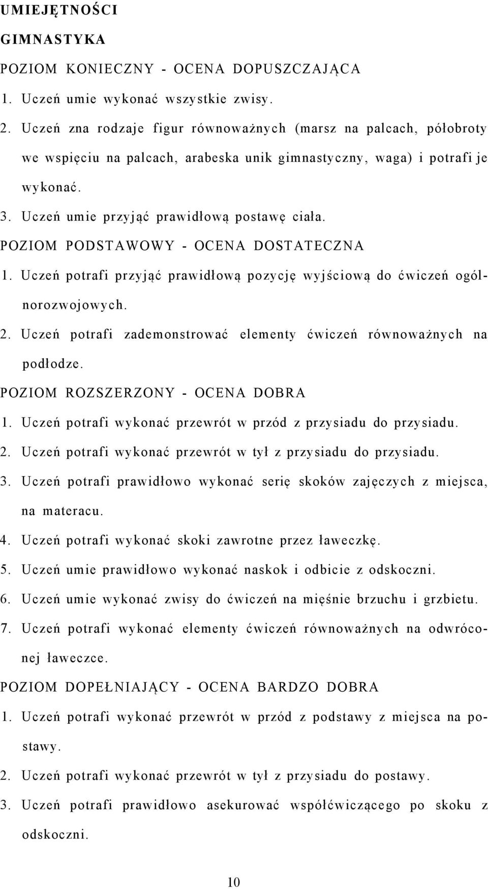 Uczeń potrafi przyjąć prawidłową pozycję wyjściową do ćwiczeń ogólnorozwojowych. 2. Uczeń potrafi zademonstrować elementy ćwiczeń równoważnych na podłodze. 1.