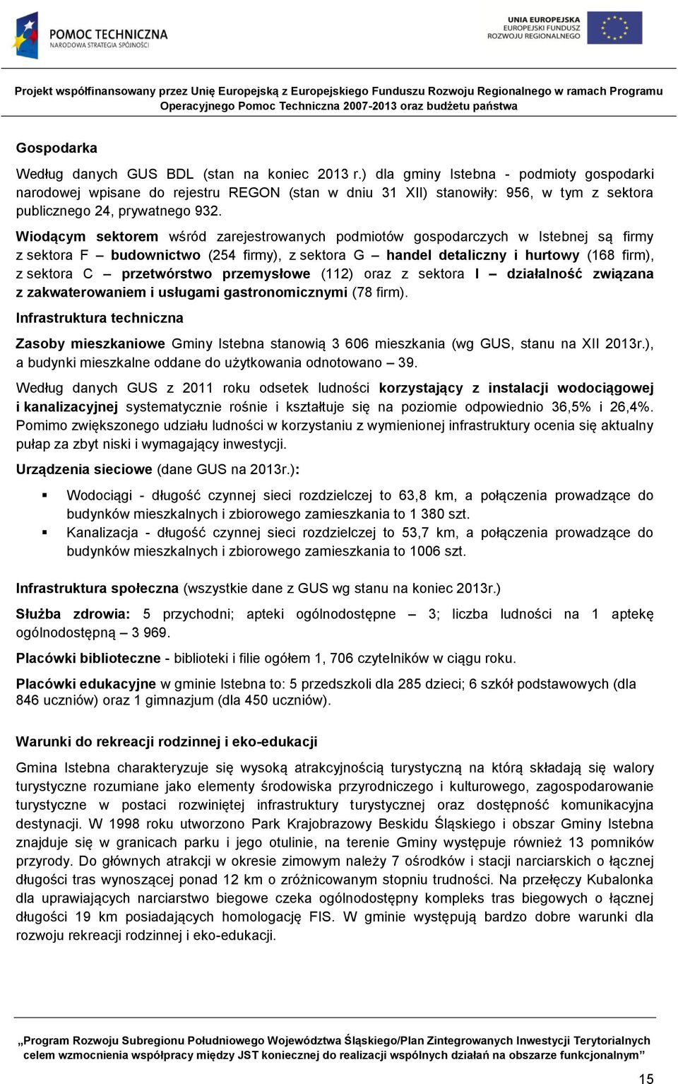Wiodącym sektorem wśród zarejestrowanych podmiotów gospodarczych w Istebnej są firmy z sektora F budownictwo (254 firmy), z sektora G handel detaliczny i hurtowy (168 firm), z sektora C przetwórstwo