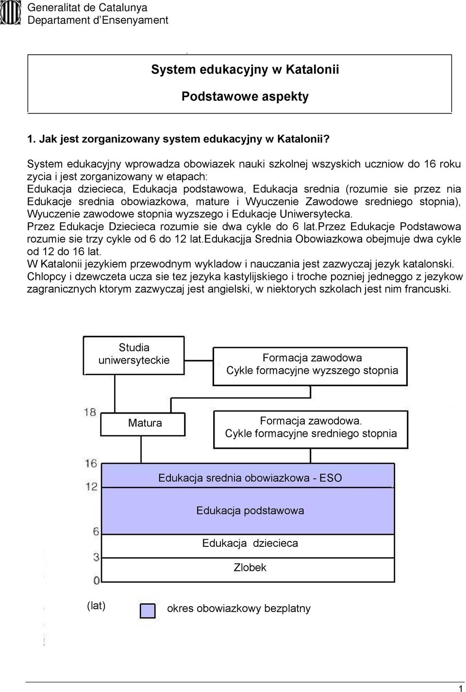 nia Edukacje srednia obowiazkowa, mature i Wyuczenie Zawodowe sredniego stopnia), Wyuczenie zawodowe stopnia wyzszego i Edukacje Uniwersytecka. Przez Edukacje Dziecieca rozumie sie dwa cykle do 6 lat.