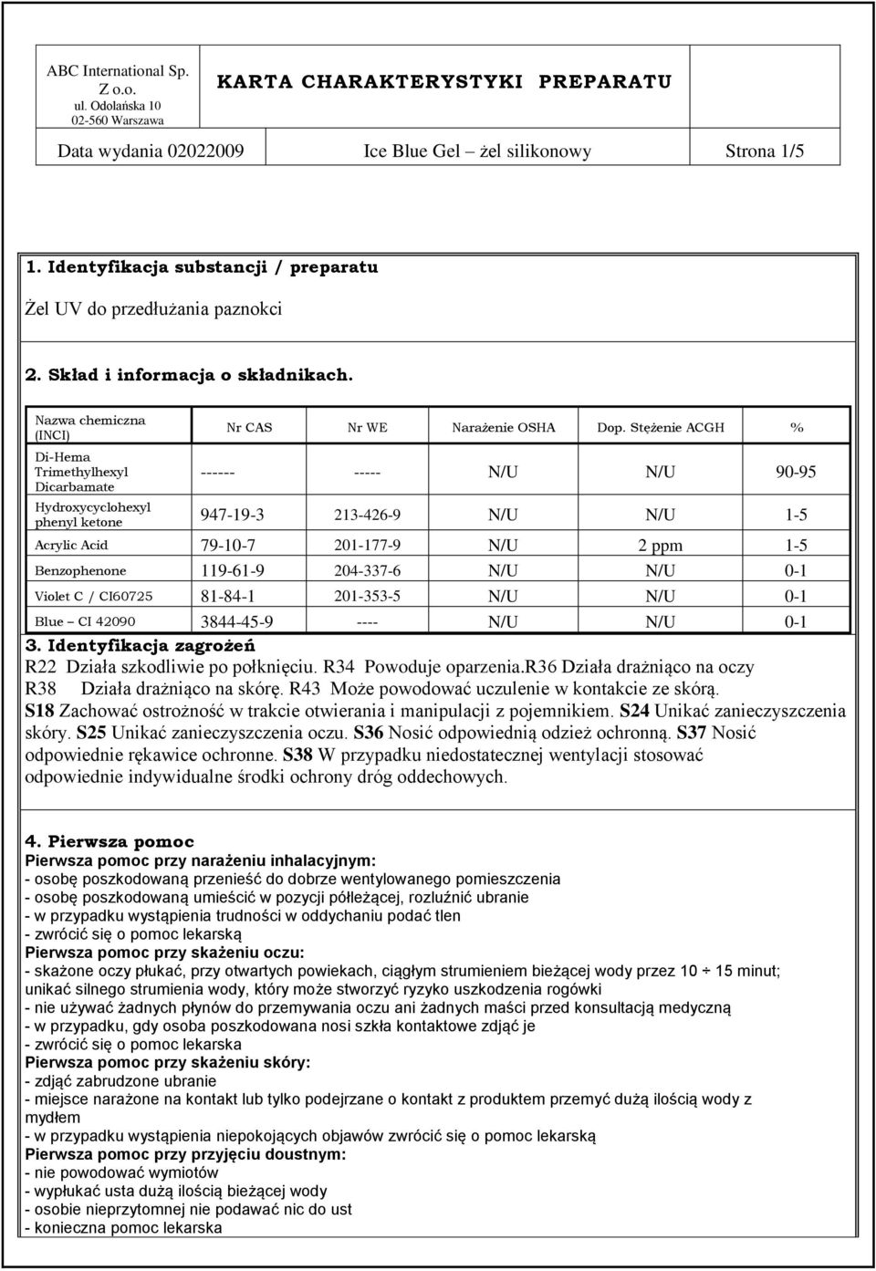 Stężenie ACGH % ------ ----- N/U N/U 90-95 Hydroxycyclohexyl phenyl ketone 947-19-3 213-426-9 N/U N/U 1-5 Acrylic Acid 79-10-7 201-177-9 N/U 2 ppm 1-5 Benzophenone 119-61-9 204-337-6 N/U N/U 0-1