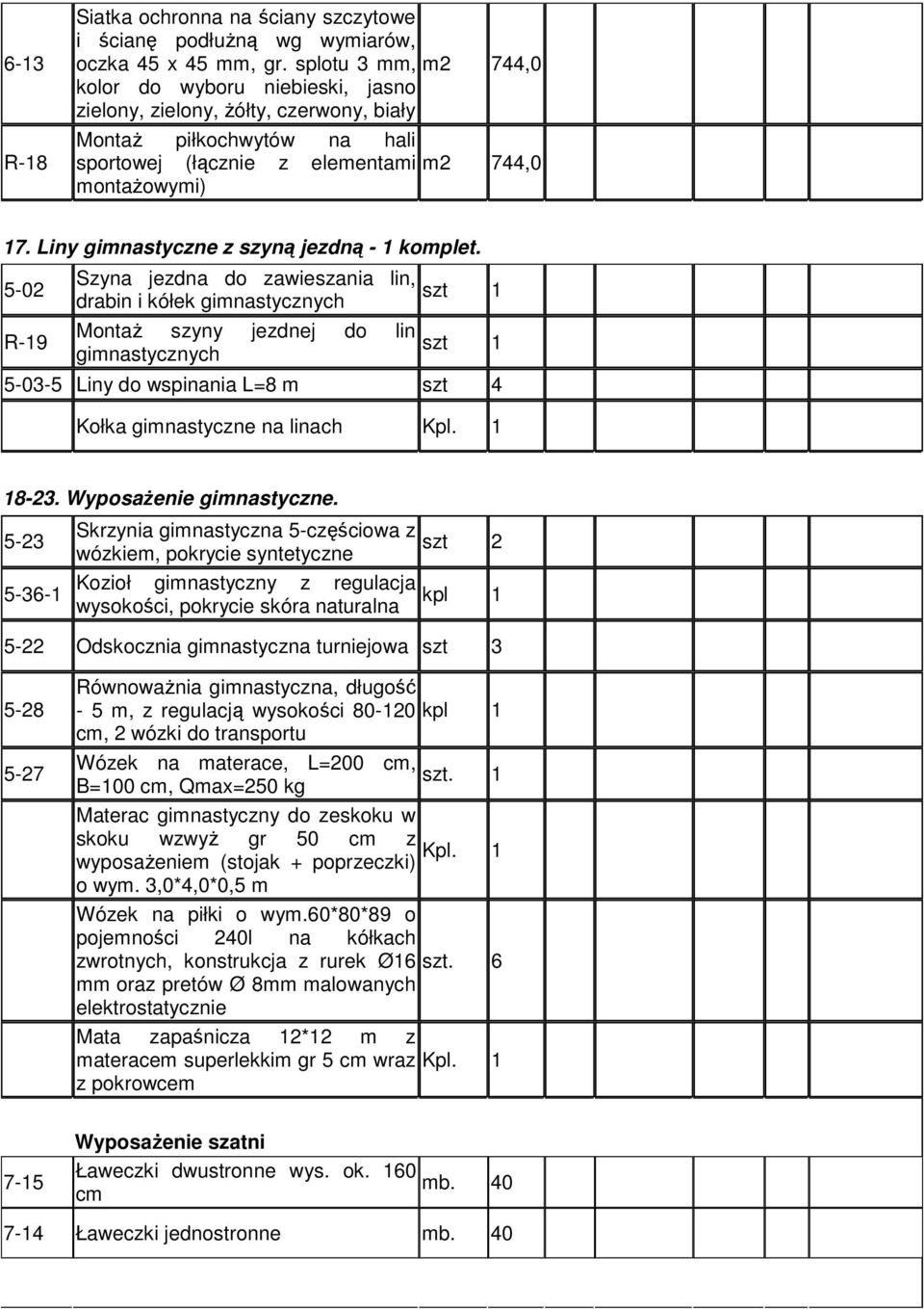 Liny gimnastyczne z szyną jezdną - 1 komplet.