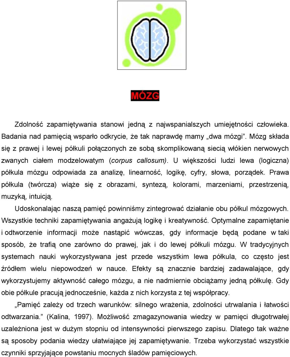 U większości ludzi lewa (logiczna) półkula mózgu odpowiada za analizę, linearność, logikę, cyfry, słowa, porządek.