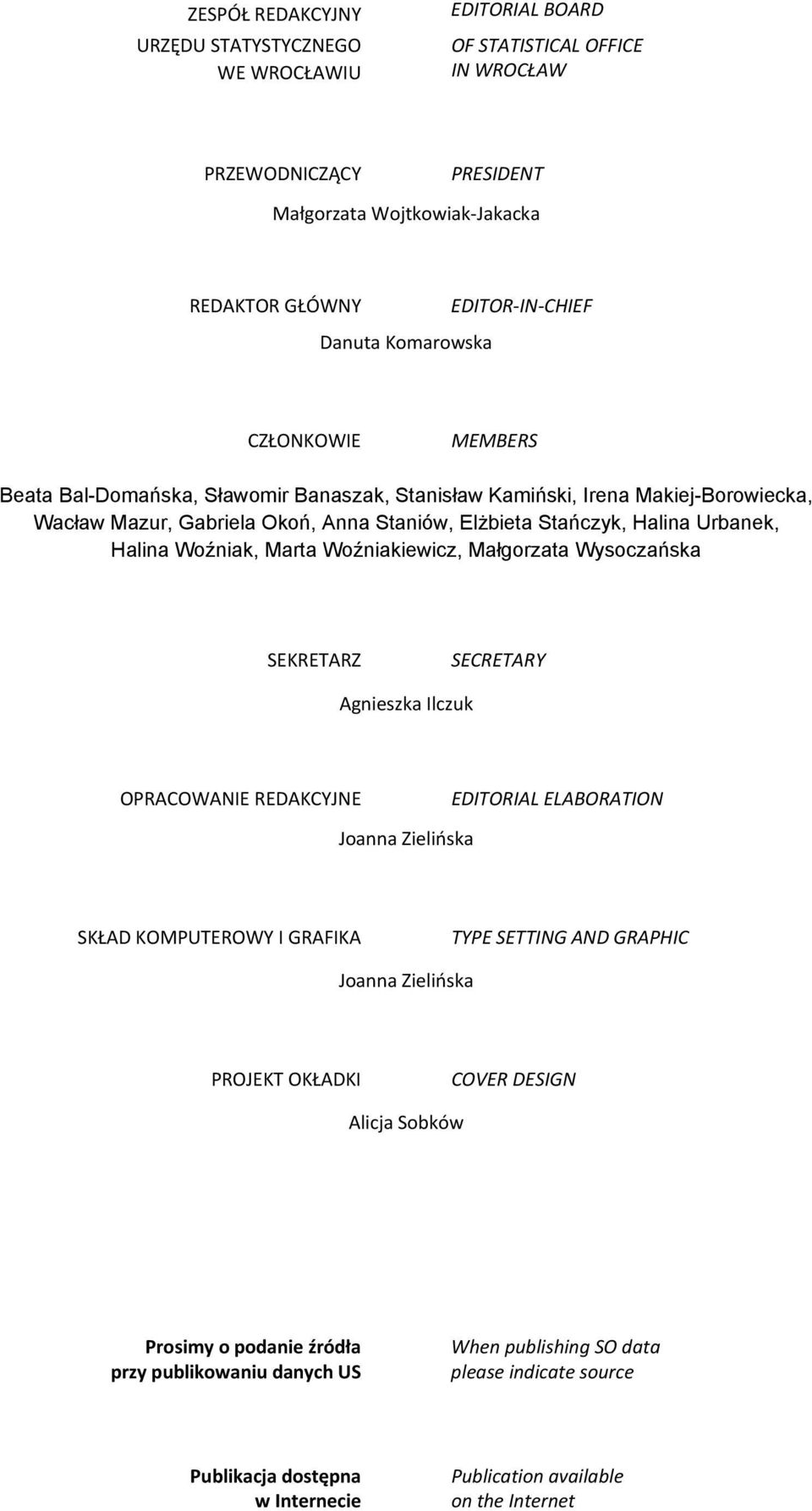Halina Woźniak, Marta Woźniakiewicz, Małgorzata Wysoczańska SEKRETARZ SECRETARY Agnieszka Ilczuk OPRACOWANIE REDAKCYJNE EDITORIAL ELABORATION Joanna Zielińska SKŁAD KOMPUTEROWY I GRAFIKA TYPE SETTING