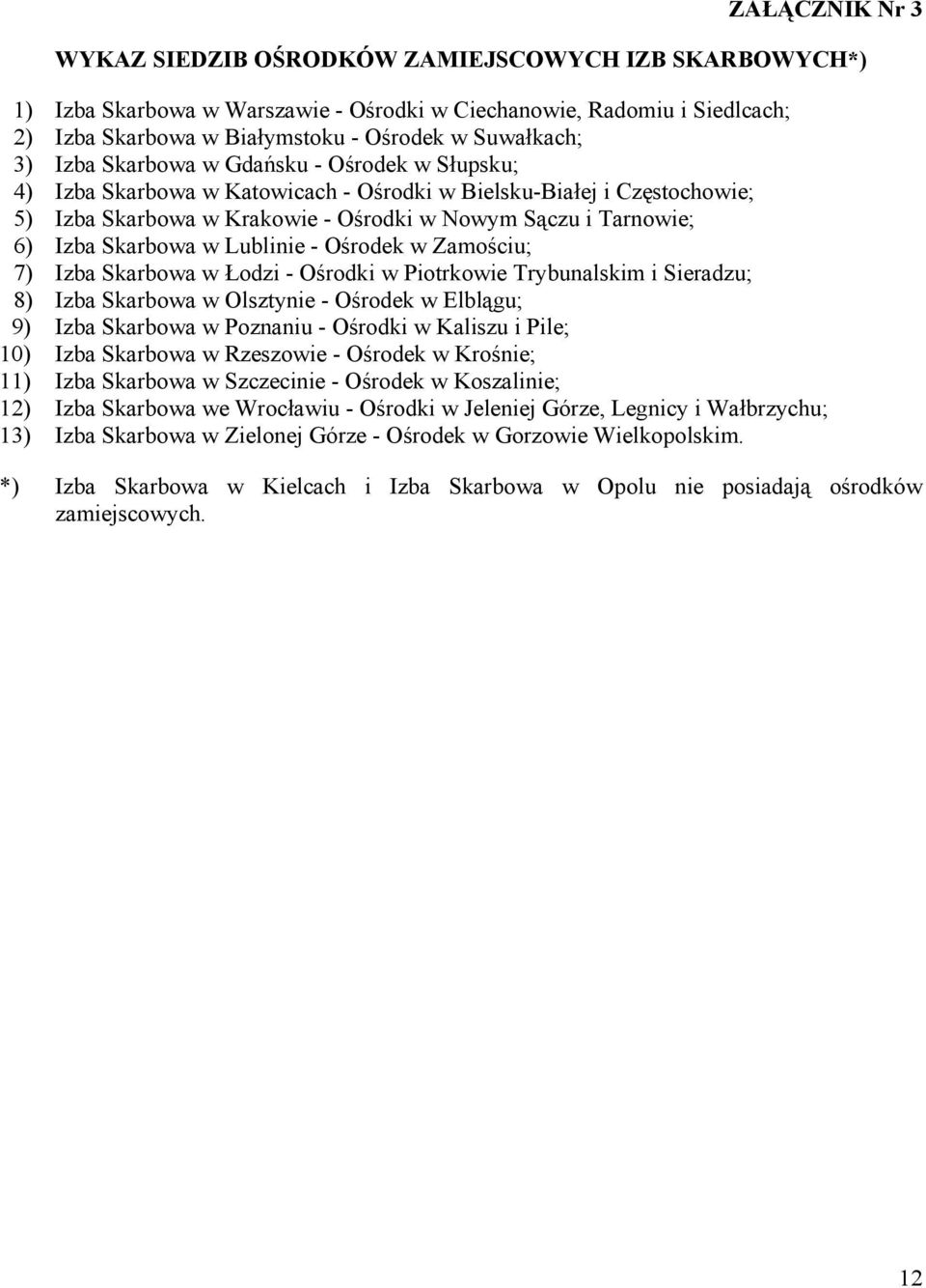 Skarbowa w Lublinie - Ośrodek w Zamościu; 7) Izba Skarbowa w Łodzi - Ośrodki w Piotrkowie Trybunalskim i Sieradzu; 8) Izba Skarbowa w Olsztynie - Ośrodek w Elblągu; 9) Izba Skarbowa w Poznaniu -