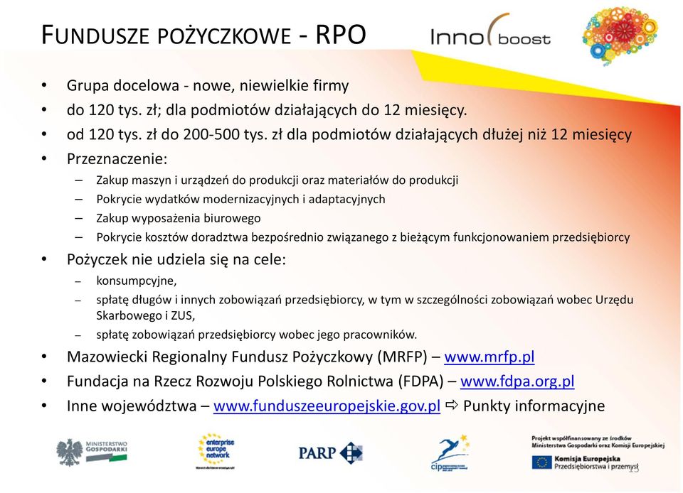 wyposażenia biurowego Pokrycie kosztów doradztwa bezpośrednio związanego z bieżącym funkcjonowaniem przedsiębiorcy Pożyczek nie udziela się na cele: konsumpcyjne, spłatę długów i innych zobowiązań