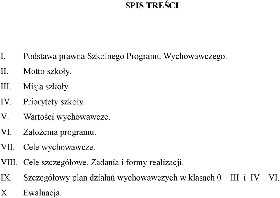 Założenia programu. VII. Cele wychowawcze. VIII. Cele szczegółowe.