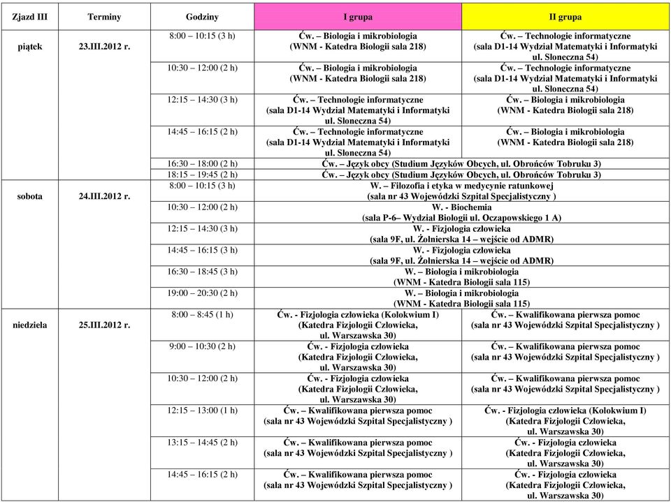 Biologia i mikrobiologia (WNM - Katedra Biologii sala 218) Ćw. Biologia i mikrobiologia (WNM - Katedra Biologii sala 218) 8:00 10:15 (3 h) W.