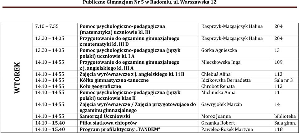 10 14.55 Przygotowanie do egzaminu gimnazjalnego Mleczkowska Inga 109 z j. angielskiego kl. III A 14.10 14.55 Zajęcia wyrównawcze z j. angielskiego kl. I i II Chlebuś Alina 113 14.10 14.55 Kółko gimnastyczno-taneczne Idzikowska Bernadetta Sala nr 3 14.