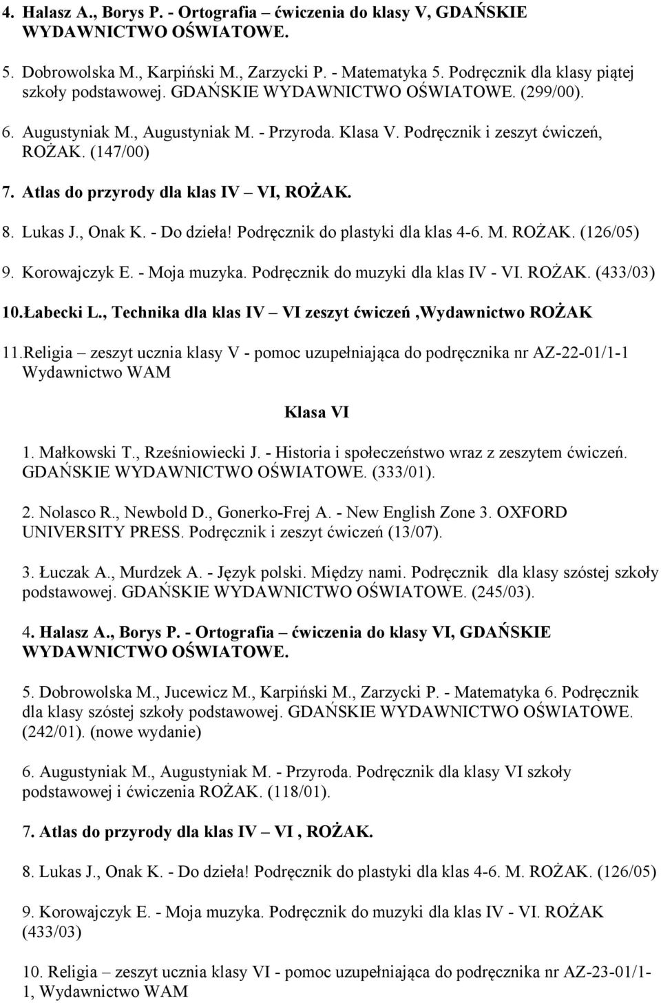 Podręcznik do plastyki dla klas 4-6. M. ROŻAK. (126/05) 9. Korowajczyk E. - Moja muzyka. Podręcznik do muzyki dla klas IV - VI. ROŻAK. (433/03) 10.Łabecki L.