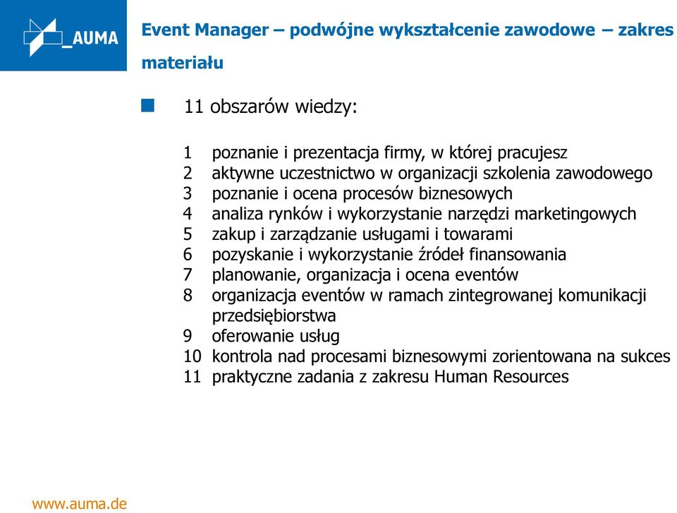 zarządzanie usługami i towarami 6 pozyskanie i wykorzystanie źródeł finansowania 7 planowanie, organizacja i ocena eventów 8 organizacja eventów w ramach