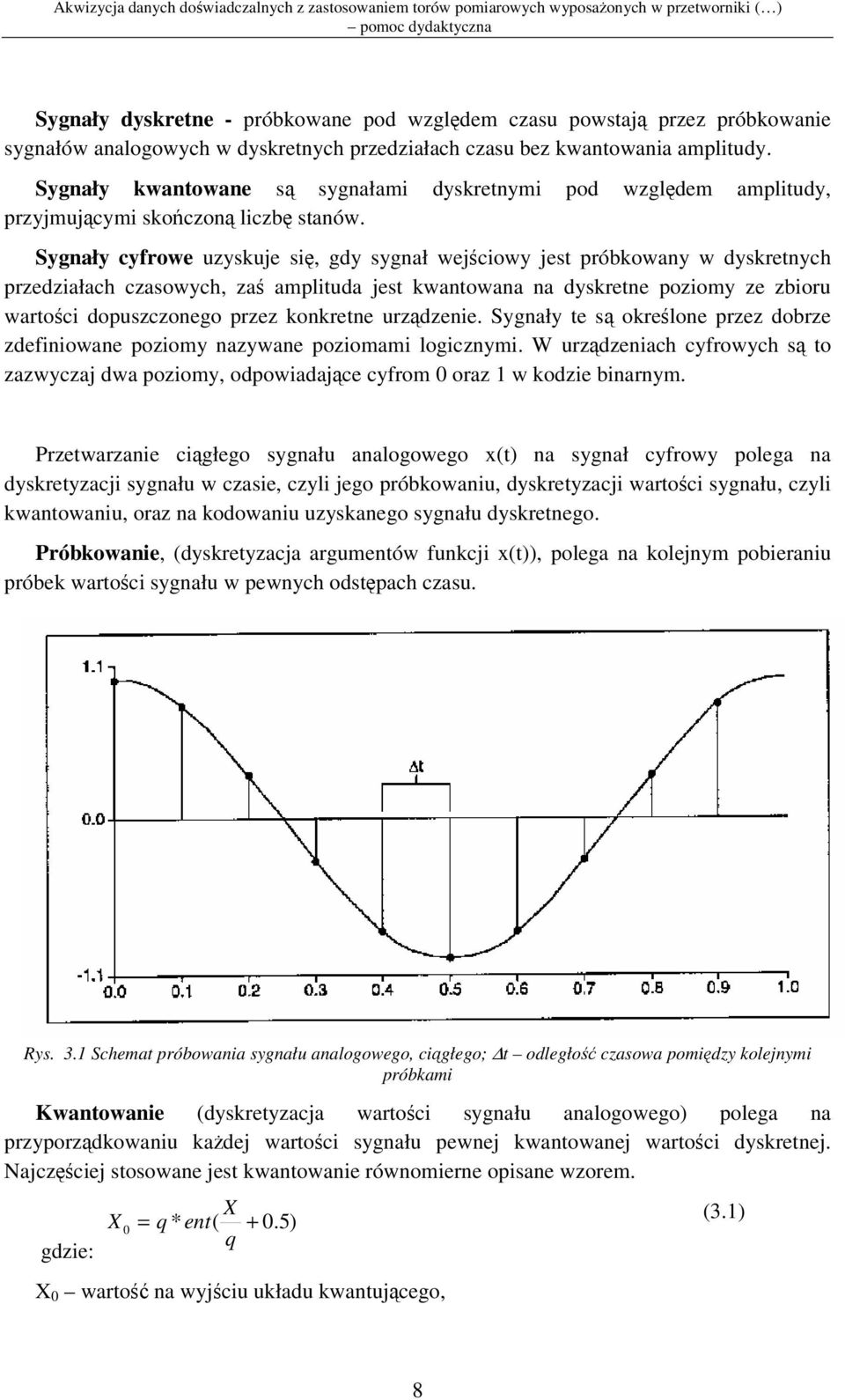 Sygnały cyfrowe uzyskuje si, gdy sygnał wejciowy jest próbkowany w dyskretnych przedziałach czasowych, za amplituda jest kwantowana na dyskretne poziomy ze zbioru wartoci dopuszczonego przez