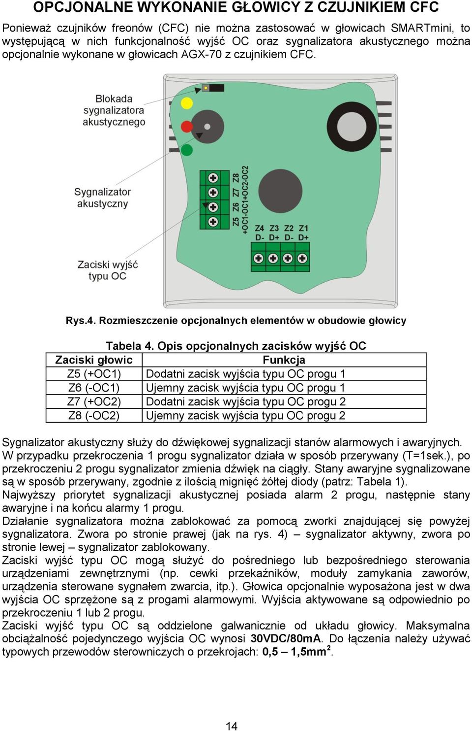 Opis opcjonalnych zacisków wyjść OC Zaciski głowic Funkcja Z5 (+OC1) Dodatni zacisk wyjścia typu OC progu 1 Z6 (-OC1) Ujemny zacisk wyjścia typu OC progu 1 Z7 (+OC2) Dodatni zacisk wyjścia typu OC