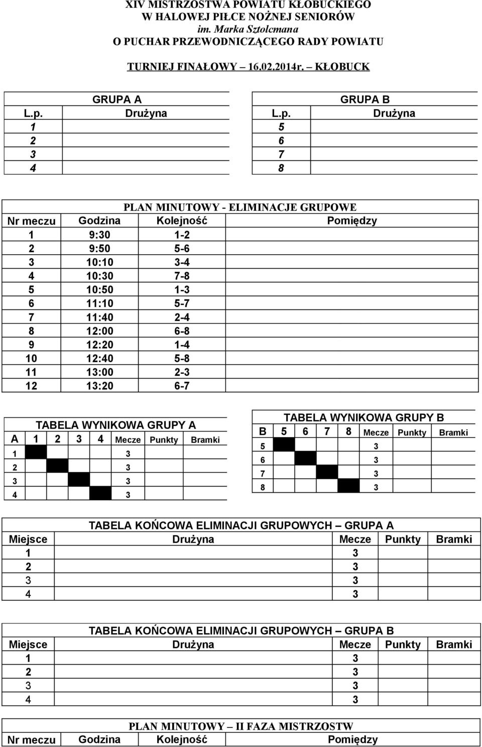 5 6 7 8 GRUPA B Drużyna PLAN MINUTOWY - ELIMINACJE GRUPOWE Nr meczu Godzina Kolejność Pomiędzy 9:0-9:50 5-6 0:0-0:0 7-8 5 0:50-6 :0 5-7 7 :0-8 :00 6-8 9 :0-0 :0 5-8 :00 - :0