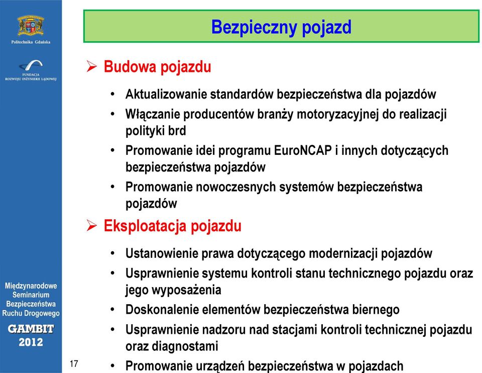 pojazdu 17 Ustanowienie prawa dotyczącego modernizacji pojazdów Usprawnienie systemu kontroli stanu technicznego pojazdu oraz jego wyposażenia Doskonalenie