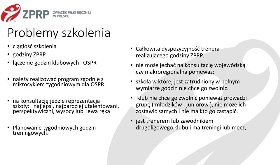 Całkowita dyspozycyjność trenera realizującego godziny ZPRP; nie może jechać na konsultację wojewódzką czy makroregionalna ponieważ: szkoła w której jest zatrudniony w pełnym