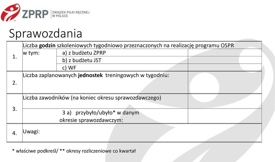 budżetu ZPRP b) z budżetu JST c) WF Liczba zaplanowanych jednostek treningowych w tygodniu: