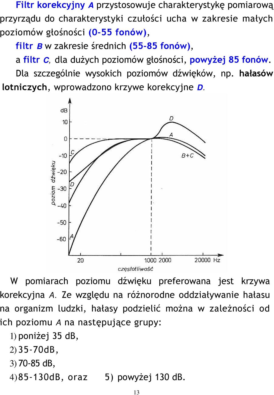 hałasów lotniczych, wprowadzono krzywe korekcyjne D. W pomiarach poziomu dźwięku preferowana jest krzywa korekcyjna A.