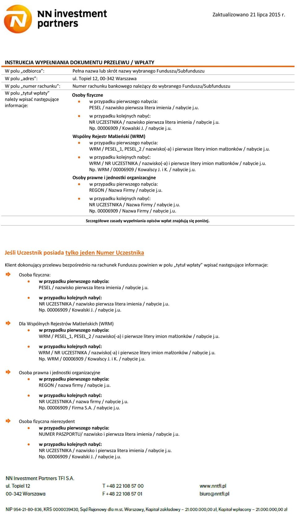 Topiel 12, 00-342 Warszawa Numer rachunku bankowego należący do wybranego Funduszu/Subfunduszu Osoby fizyczne w przypadku pierwszego nabycia: PESEL / nazwisko pierwsza litera imienia / nabycie j.u. NR UCZESTNIKA / nazwisko pierwsza litera imienia / nabycie j.