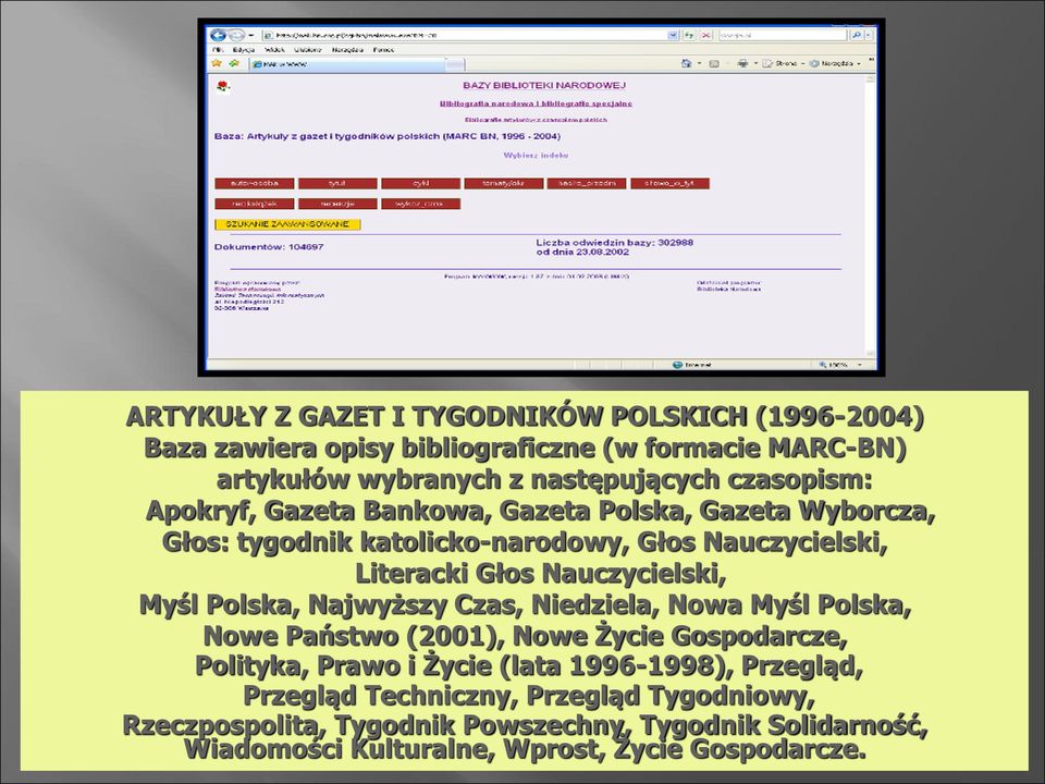 Nauczycielski, Myśl Polska, Najwyższy Czas, Niedziela, Nowa Myśl Polska, Nowe Państwo (2001), Nowe Życie Gospodarcze, Polityka, Prawo i Życie (lata