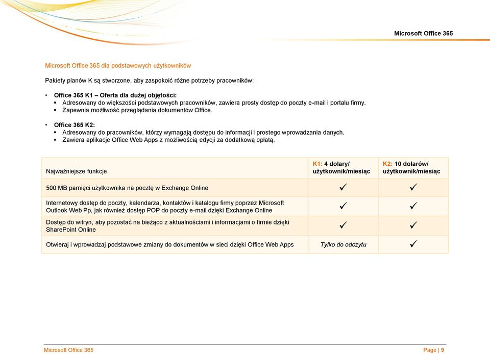 Office 365 K2: Adresowany do pracowników, którzy wymagają dostępu do informacji i prostego wprowadzania danych. Zawiera aplikacje Office Web Apps z możliwością edycji za dodatkową opłatą.