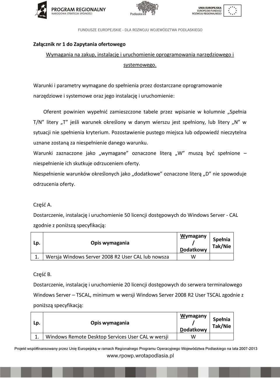kolumnie Spełnia T/N litery T jeśli warunek określony w danym wierszu jest spełniony, lub litery N w sytuacji nie spełnienia kryterium.