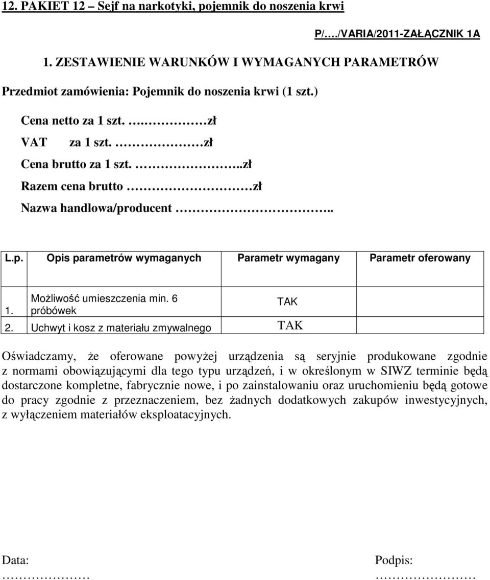 ) VAT za 1 szt. zł Cena brutto za 1 szt...zł Razem cena brutto zł Nazwa handlowa/pr