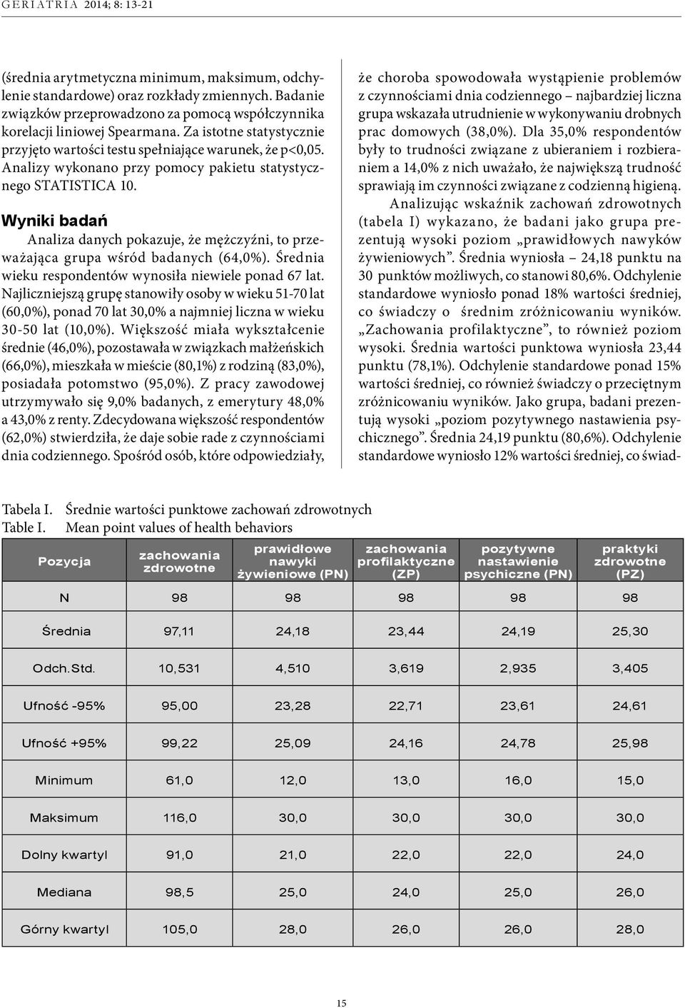 Wyniki badań Analiza danych pokazuje, że mężczyźni, to przeważająca grupa wśród badanych (64,0%). Średnia wieku respondentów wynosiła niewiele ponad 67 lat.
