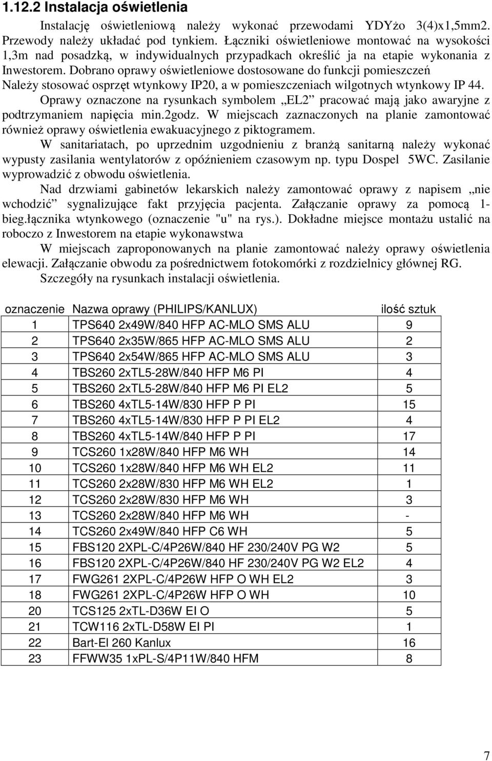 Dobrano oprawy oświetleniowe dostosowane do funkcji pomieszczeń Należy stosować osprzęt wtynkowy IP20, a w pomieszczeniach wilgotnych wtynkowy IP 44.