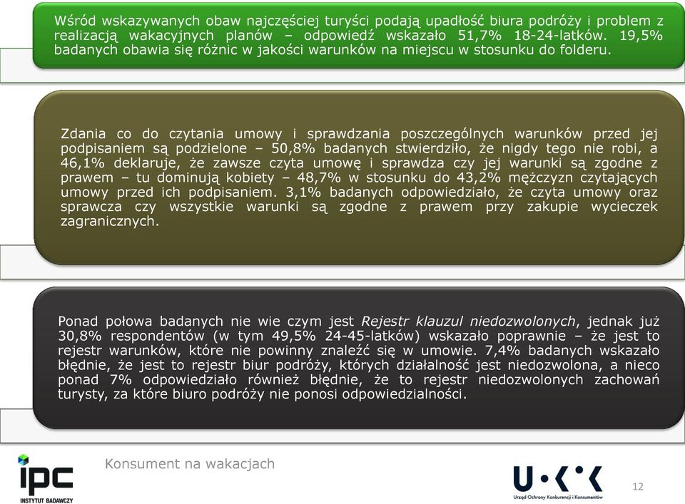 Zdania co do czytania umowy i sprawdzania poszczególnych warunków przed jej podpisaniem są podzielone 50,8% badanych stwierdziło, że nigdy tego nie robi, a 46,1% deklaruje, że zawsze czyta umowę i