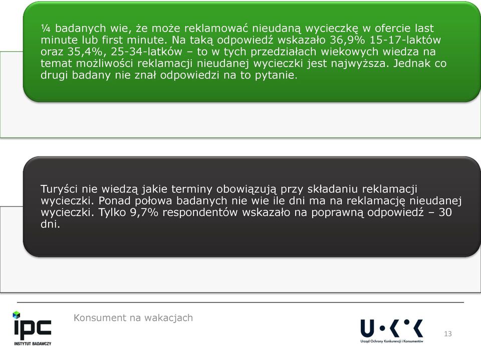 reklamacji nieudanej wycieczki jest najwyższa. Jednak co drugi badany nie znał odpowiedzi na to pytanie.