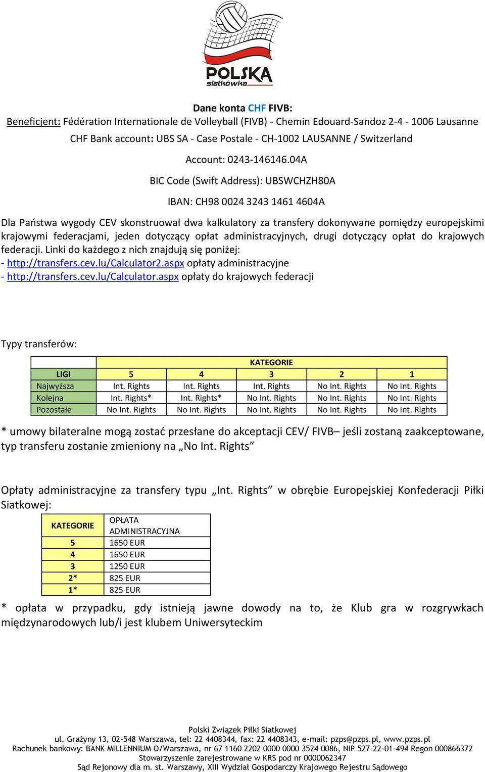 04A BIC Code (Swift Address): UBSWCHZH80A IBAN: CH98 0024 3243 1461 4604A Dla Państwa wygody CEV skonstruował dwa kalkulatory za transfery dokonywane pomiędzy europejskimi krajowymi federacjami,