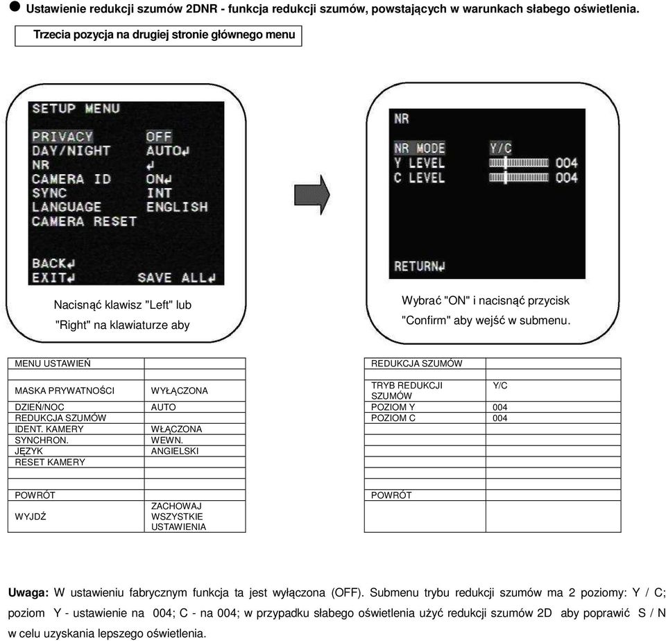 REDUKCJA SZUMÓW MASKA PRYWATNOŚCI TRYB REDUKCJI Y/C SZUMÓW DZIEŃ/NOC POZIOM Y 004 REDUKCJA SZUMÓW POZIOM C 004 IDENT. KAMERY WŁĄCZONA SYNCHRON. WEWN.