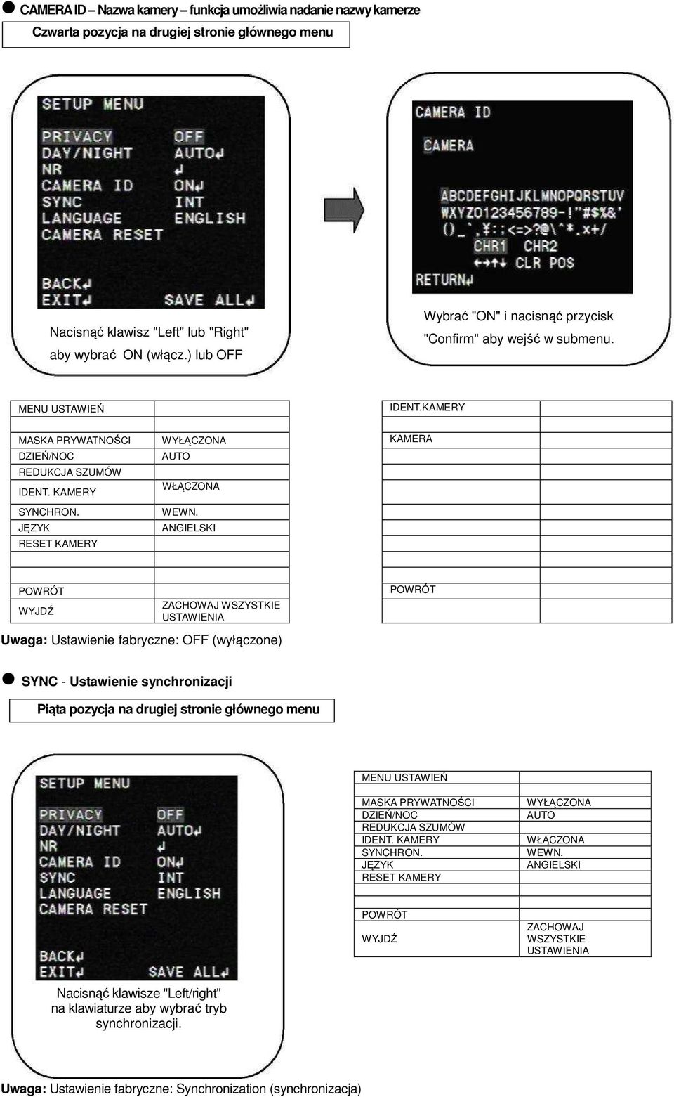 JĘZYK ANGIELSKI RESET KAMERY Uwaga: Ustawienie fabryczne: OFF (wyłączone) SYNC - Ustawienie synchronizacji Piąta pozycja na drugiej stronie głównego menu MASKA PRYWATNOŚCI DZIEŃ/NOC REDUKCJA