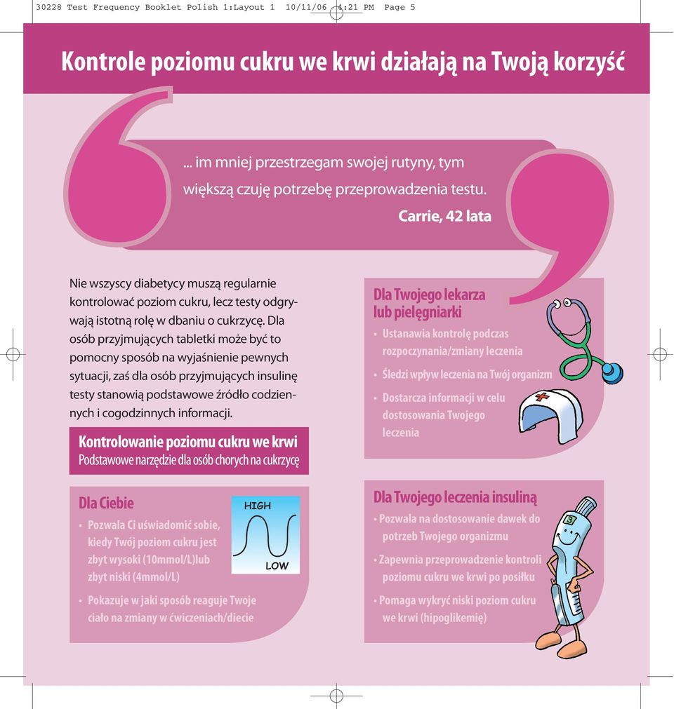 Carrie, 42 lata Nie wszyscy diabetycy muszą regularnie kontrolować poziom cukru, lecz testy odgrywają istotną rolę w dbaniu o cukrzycę.