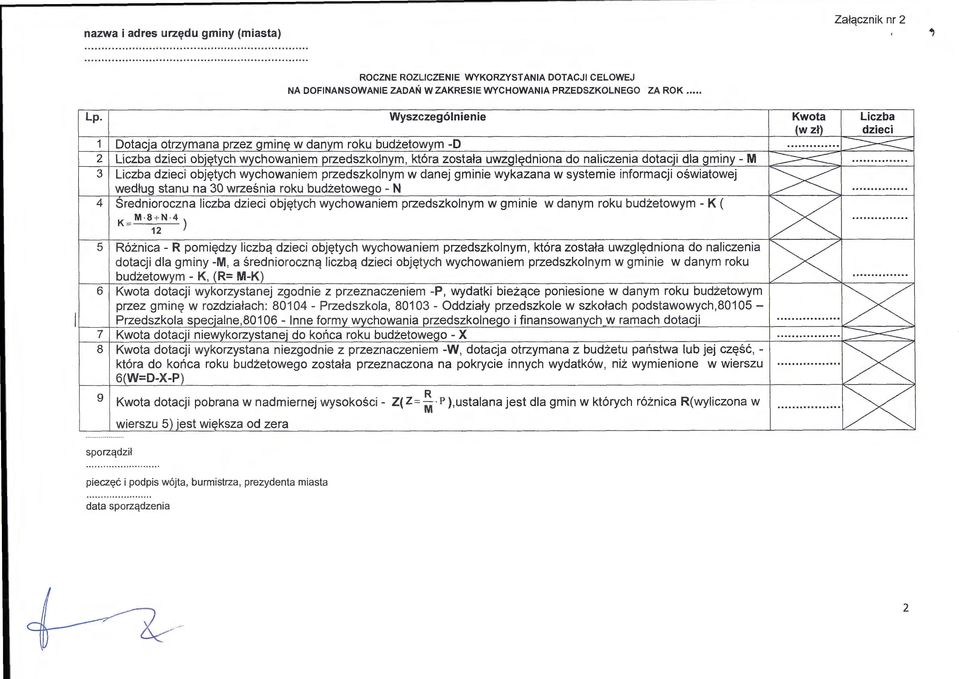 .. ~ 2 Liczba dzieci objętych wychowaniem przedszkolnym, która została uwzględniona do naliczenia dotacji dla gminy- M - - 3 Liczba dzieci objętych wychowaniem przedszkolnym w danej gminie wykazana w