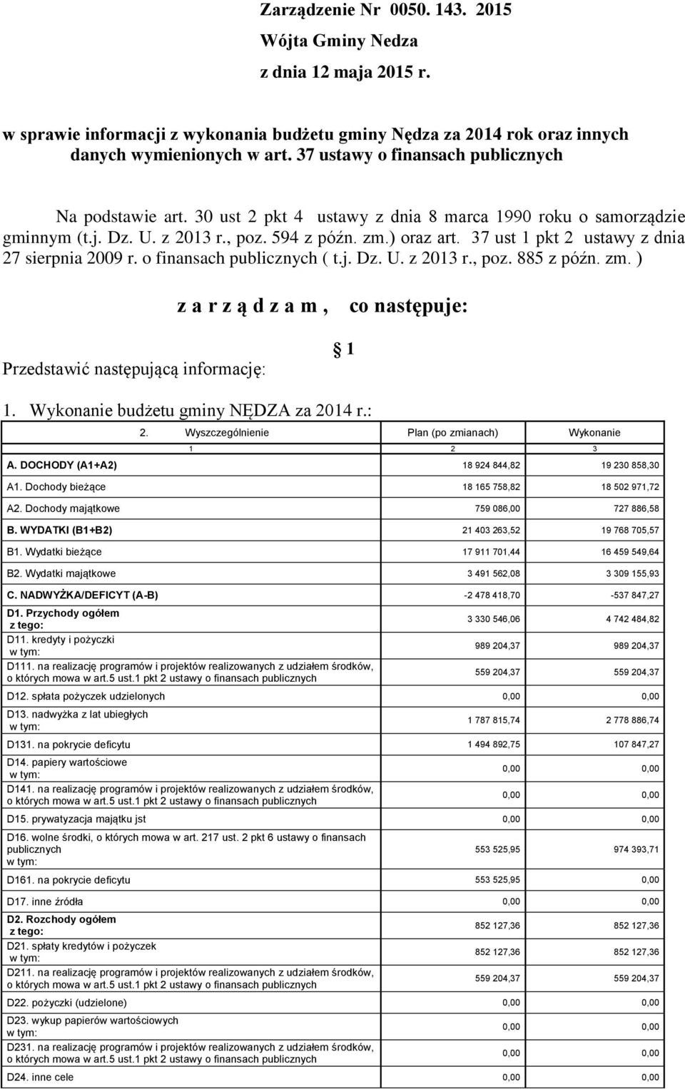 37 ust 1 pkt 2 ustawy z dnia 27 sierpnia 2009 r. o finansach publicznych ( t.j. Dz. U. z 2013 r., poz. 885 z późn. zm. ) z a r z ą d z a m, Przedstawić następującą informację: 1 co następuje: 1.