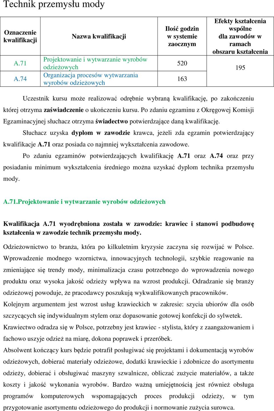 zawodów w ramach obszaru kształcenia 195 Uczestnik kursu może realizować odrębnie wybraną kwalifikację, po zakończeniu której otrzyma zaświadczenie o ukończeniu kursu.