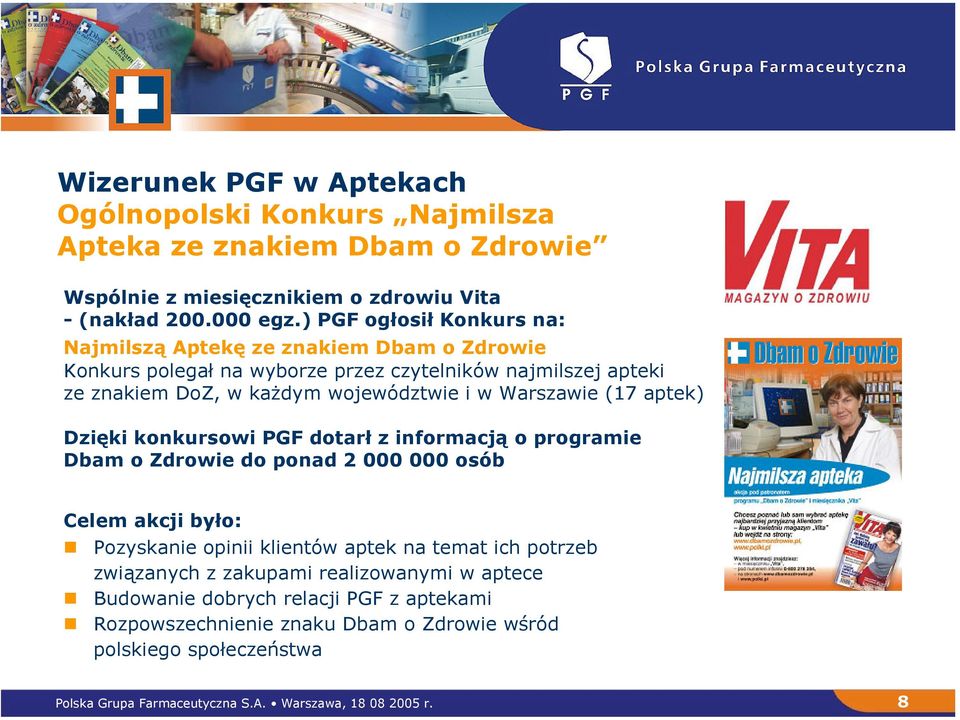 Warszawie (17 aptek) Dzięki konkursowi PGF dotarł z informacją o programie Dbam o Zdrowie do ponad 2 000 000 osób Celem akcji było: Pozyskanie opinii klientów aptek na temat ich