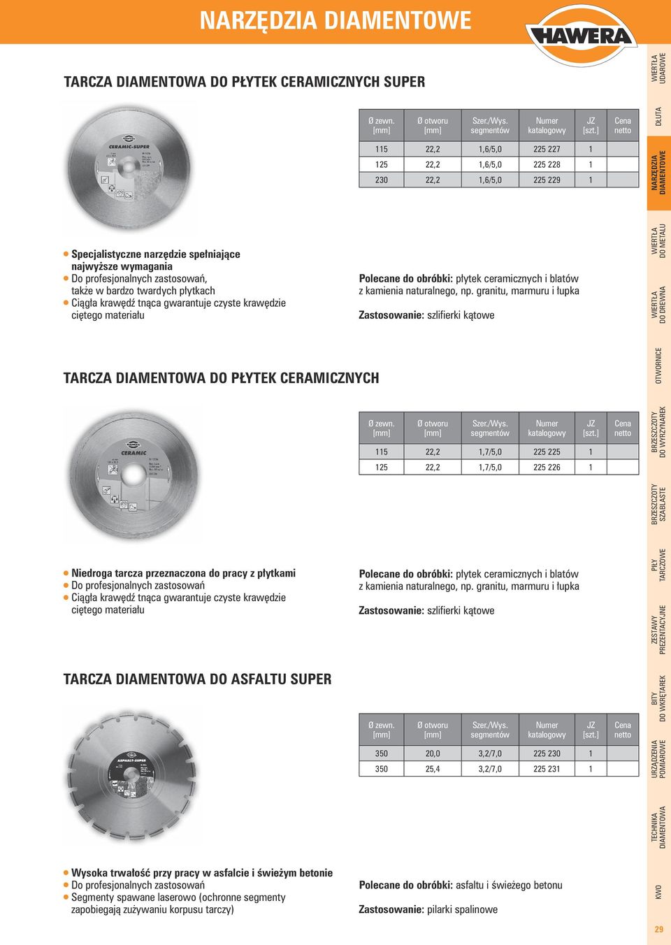 tnąca gwarantuje czyste krawędzie ciętego materiału Polecane do obróbki: płytek ceramicznych i blatów z kamienia naturalnego, np. granitu, marmuru i łupka TARCZA DO PŁYTEK CERAMICZNYCH zewn.