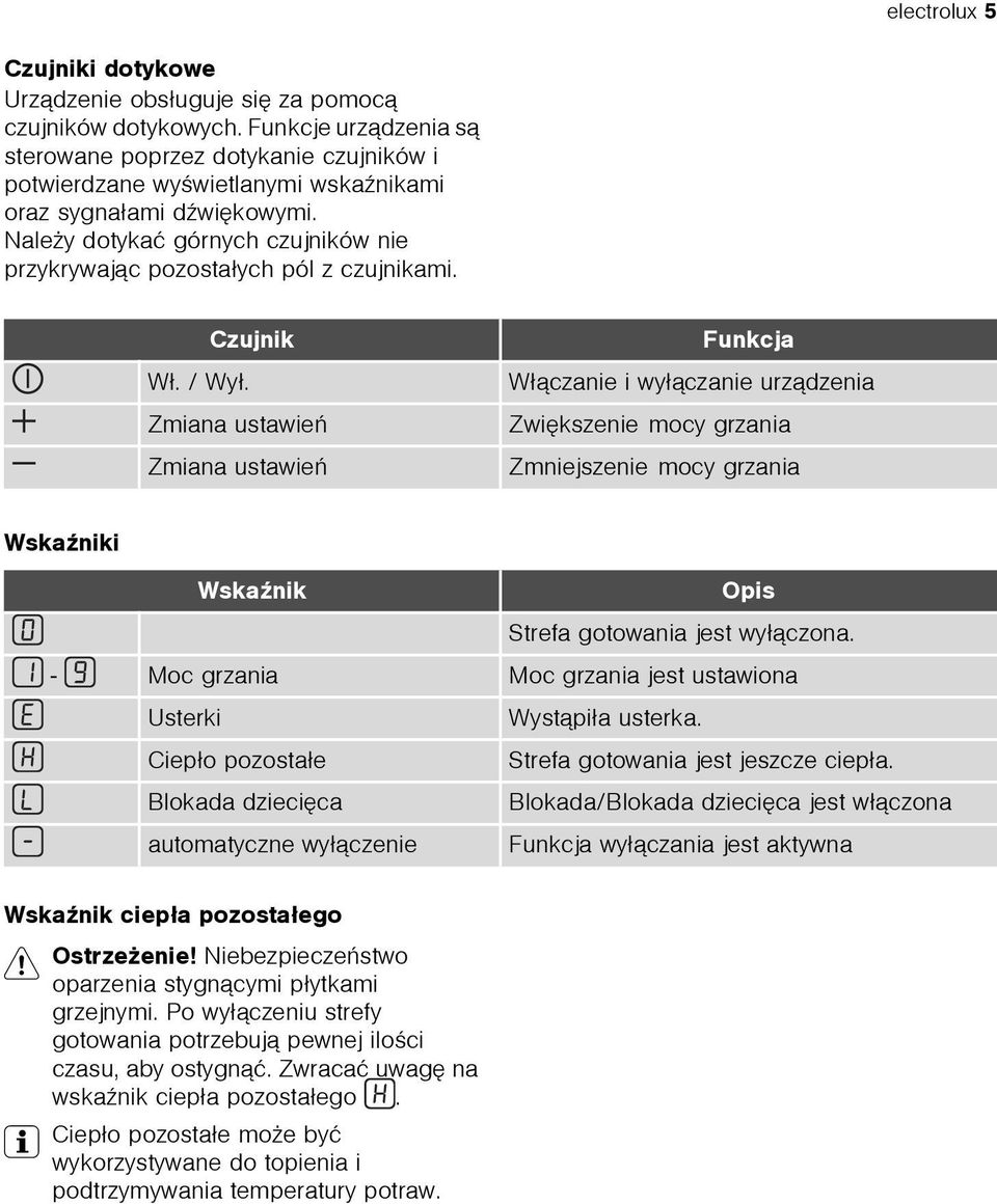 Nale y dotykaæ górnych czujników nie przykrywaj¹c pozosta³ych pól z czujnikami. Czujnik W³. / Wy³.
