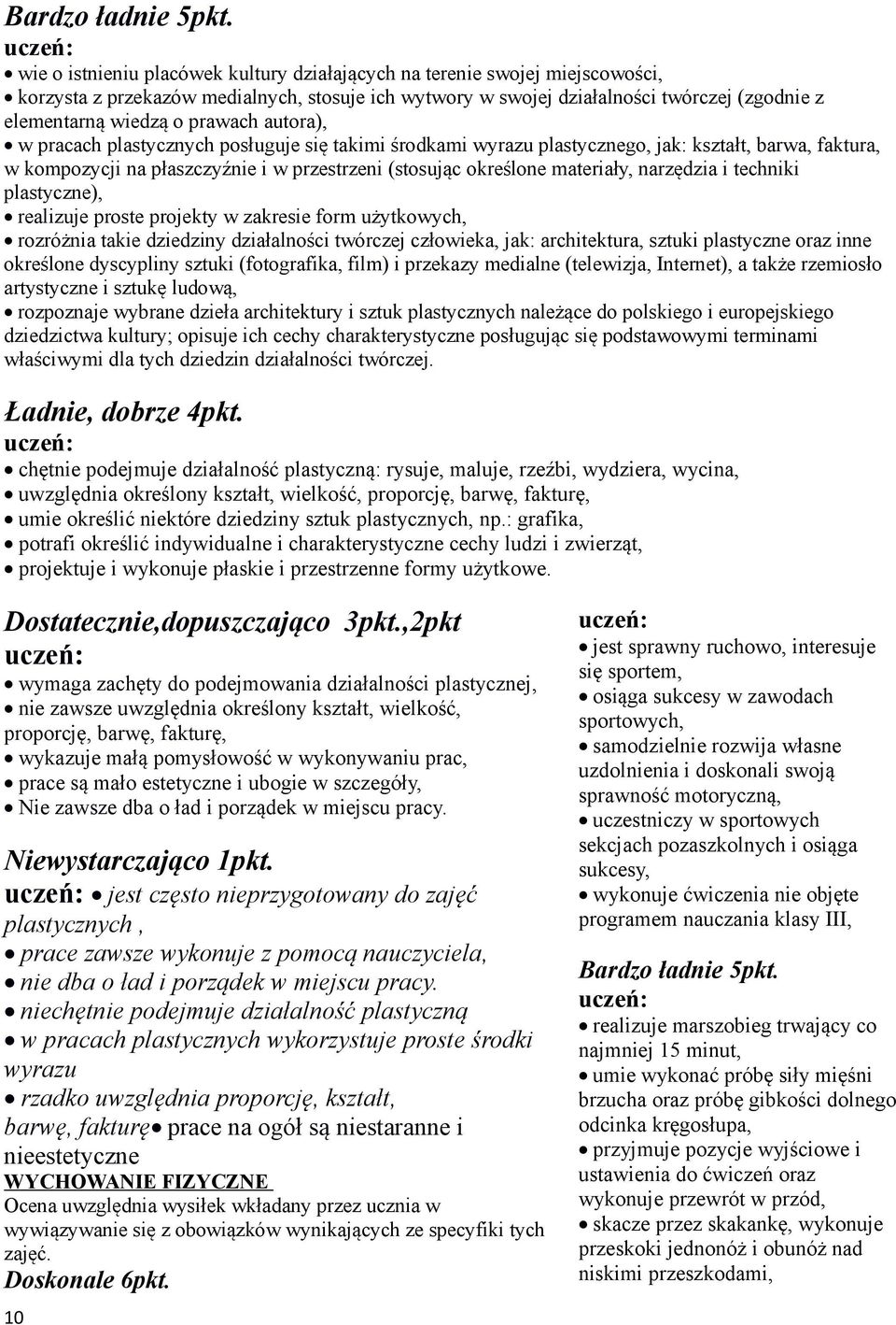 narzędzia i techniki plastyczne), realizuje proste projekty w zakresie form użytkowych, rozróżnia takie dziedziny działalności twórczej człowieka, jak: architektura, sztuki plastyczne oraz inne