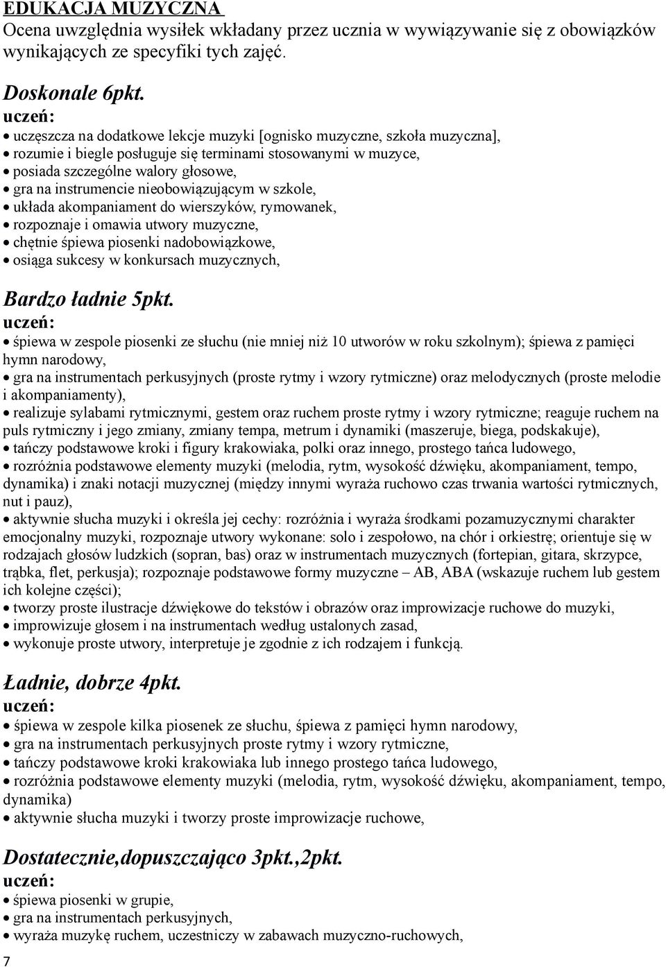 nieobowiązującym w szkole, układa akompaniament do wierszyków, rymowanek, rozpoznaje i omawia utwory muzyczne, chętnie śpiewa piosenki nadobowiązkowe, osiąga sukcesy w konkursach muzycznych, śpiewa w