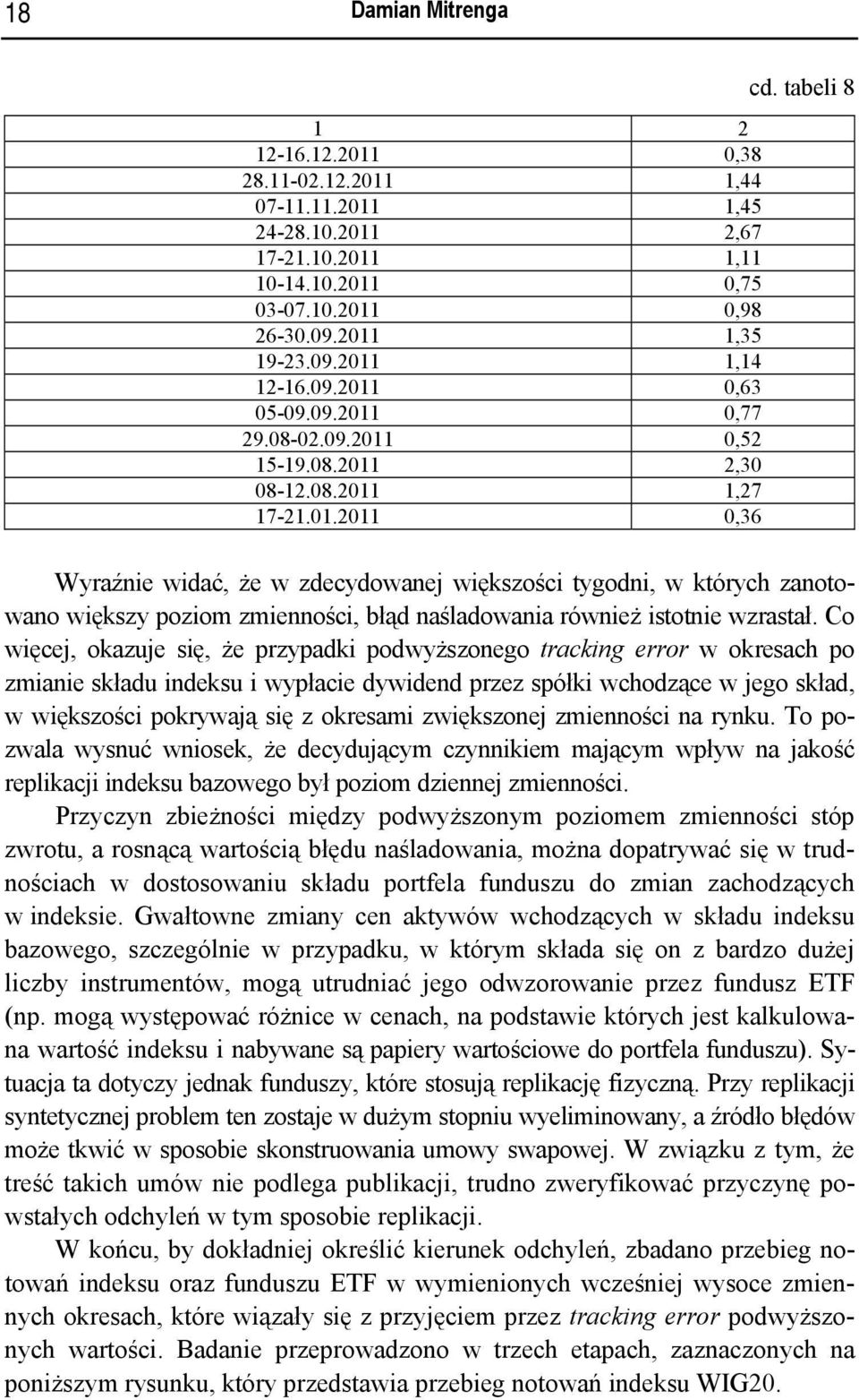 tabeli 8 Wyraźnie widać, że w zdecydowanej większości tygodni, w których zanotowano większy poziom zmienności, błąd naśladowania również istotnie wzrastał.