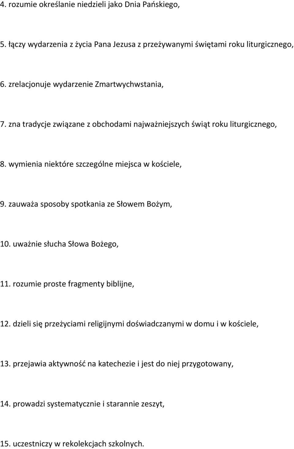 wymienia niektóre szczególne miejsca w kościele, 9. zauważa sposoby spotkania ze Słowem Bożym, 10. uważnie słucha Słowa Bożego, 11.