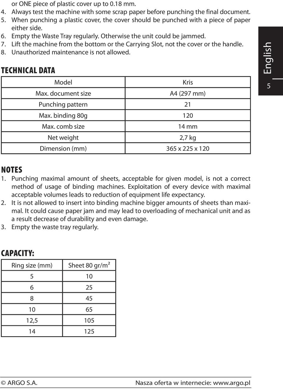 Lift the machine from the bottom or the Carrying Slot, not the cover or the handle. Unauthorized maintenance is not allowed. Technical Data Notes Model Kris Max.