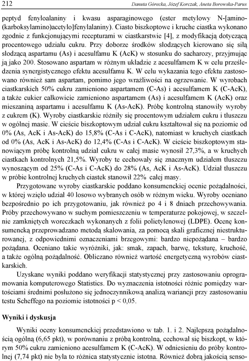 Przy doborze środków słodzących kierowano się siłą słodzącą aspartamu (As) i acesulfamu K (AcK) w stosunku do sacharozy, przyjmując ją jako 200.