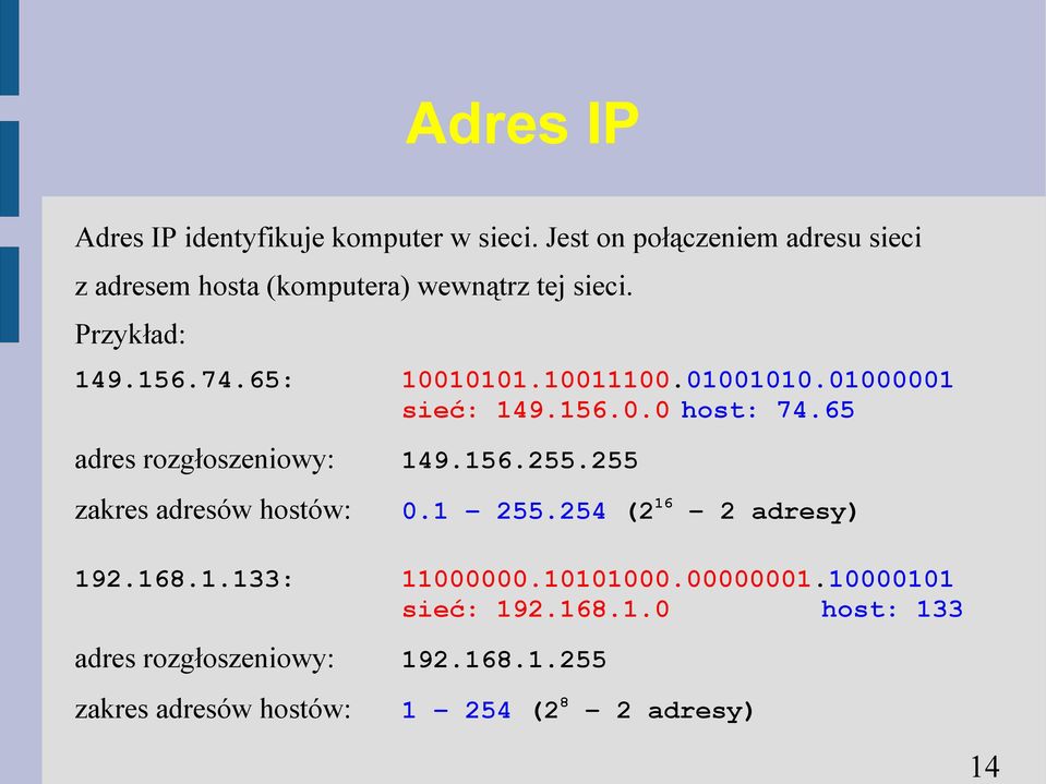 10011100.01001010.01000001 sieć: 149.156.0.0 host: 74.65 adres rozgłoszeniowy: 149.156.255.